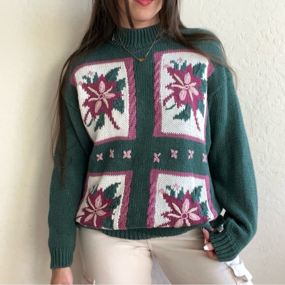 Vintage Emerald Green Pink Floral Knit Grandma Sweater - Picture 2 of 7
